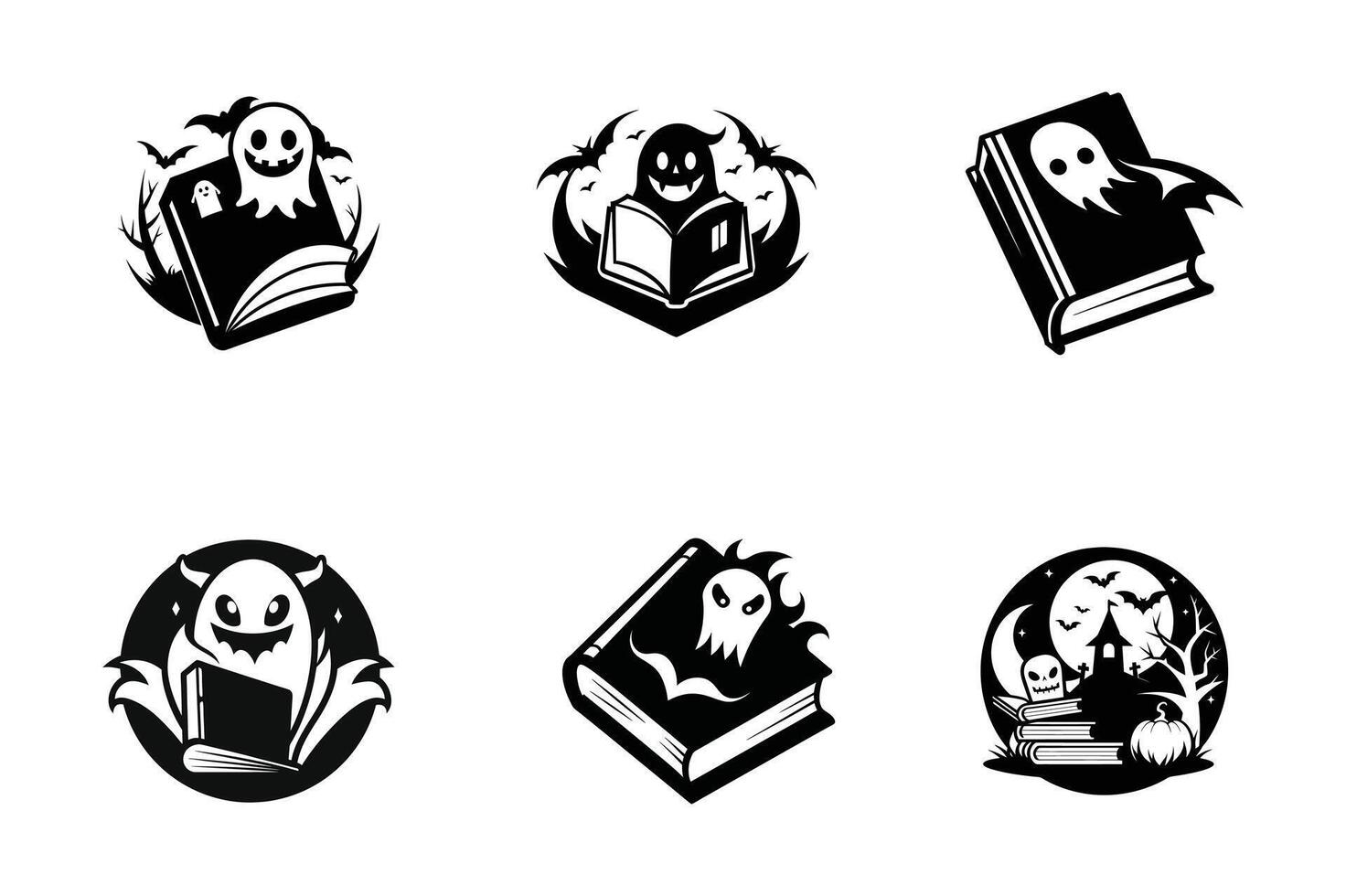 set of Halloween ghost book logo silhouette icon design black and white vector