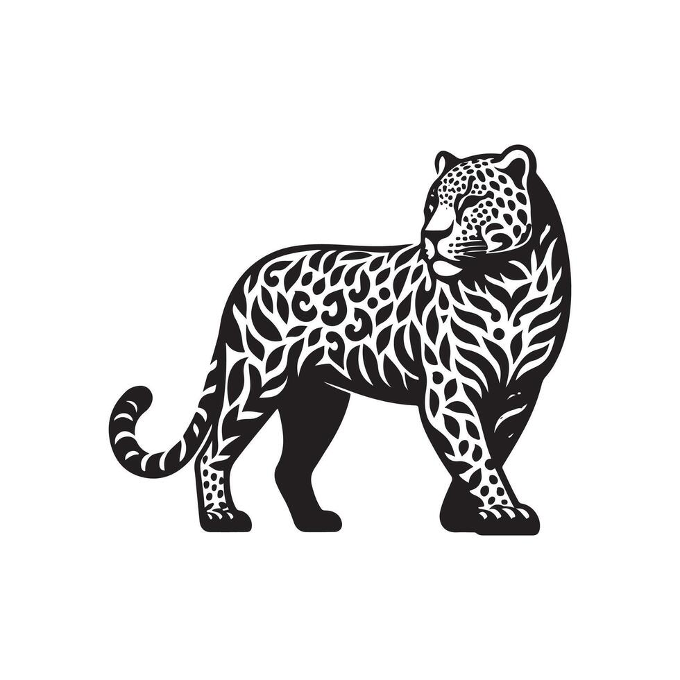 leopard full body art, silhouette, icon, logo, doddle design black and white vector