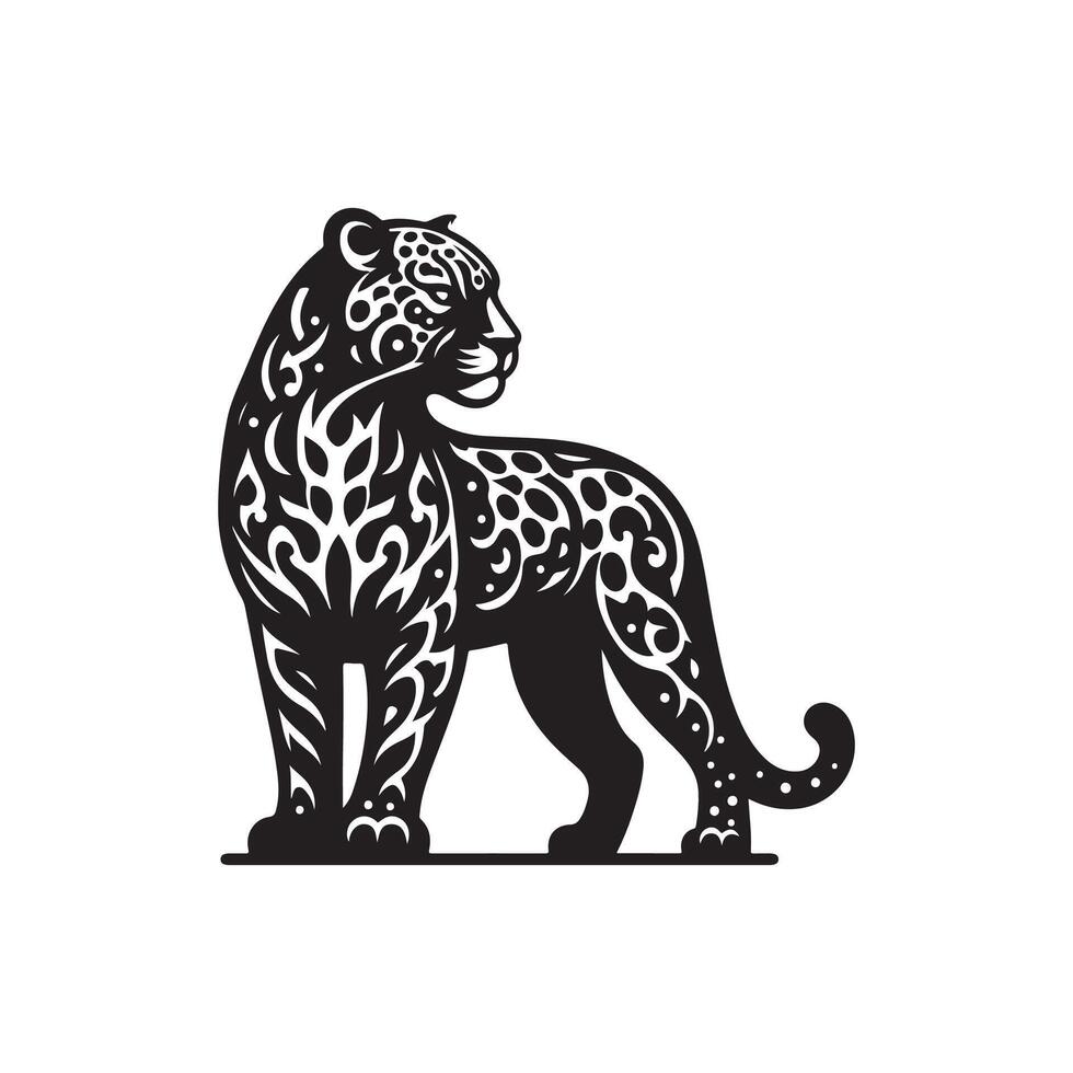 leopard full body art, silhouette, icon, logo, doddle design black and white vector