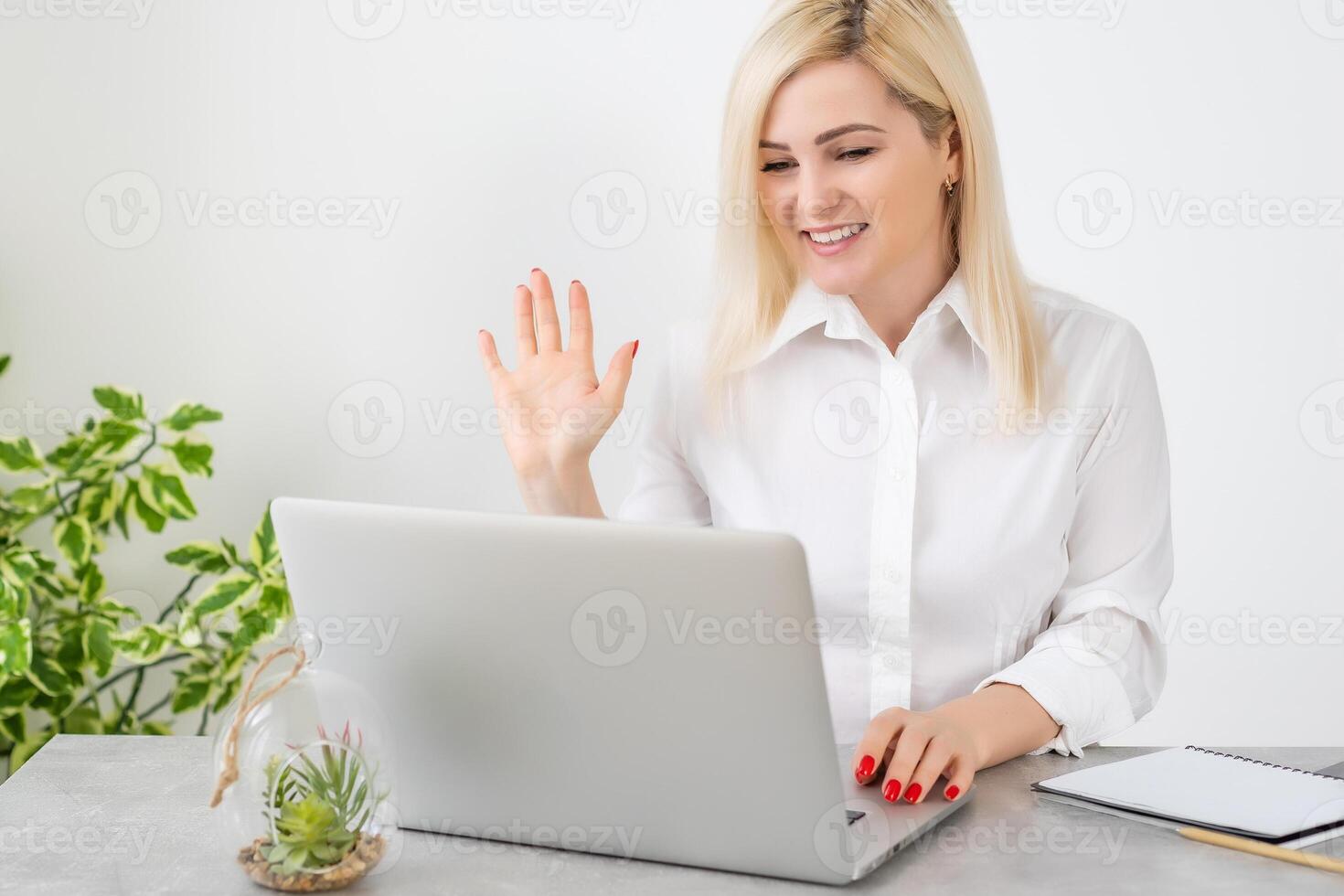 business woman talking to her colleagues about plan in conference. business team using laptop for a online meeting in call. Group of people smart working from home photo