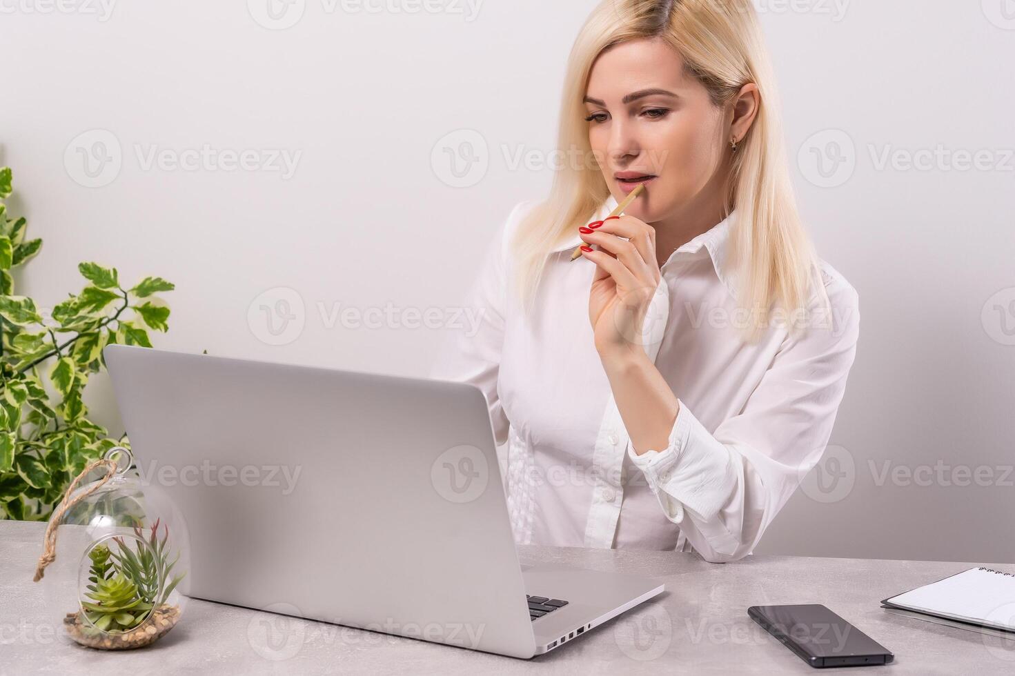 business woman talking to her colleagues about plan in conference. business team using laptop for a online meeting in call. Group of people smart working from home photo