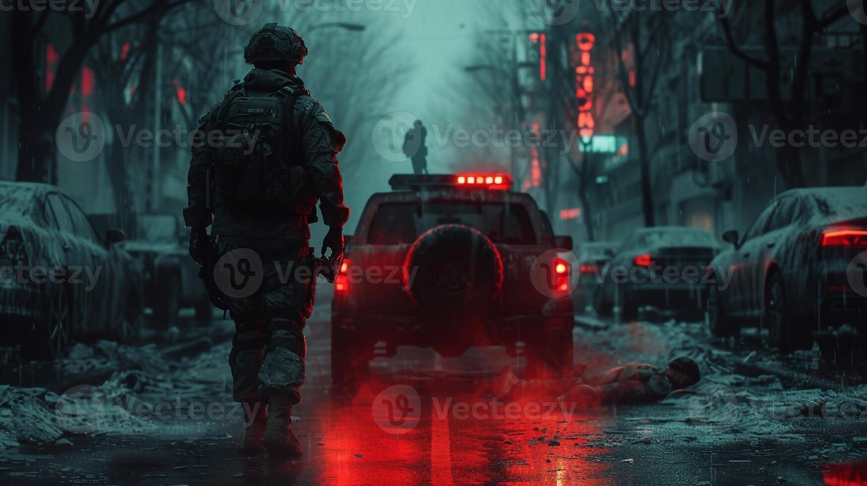3D rendering of riot police during a riot photo