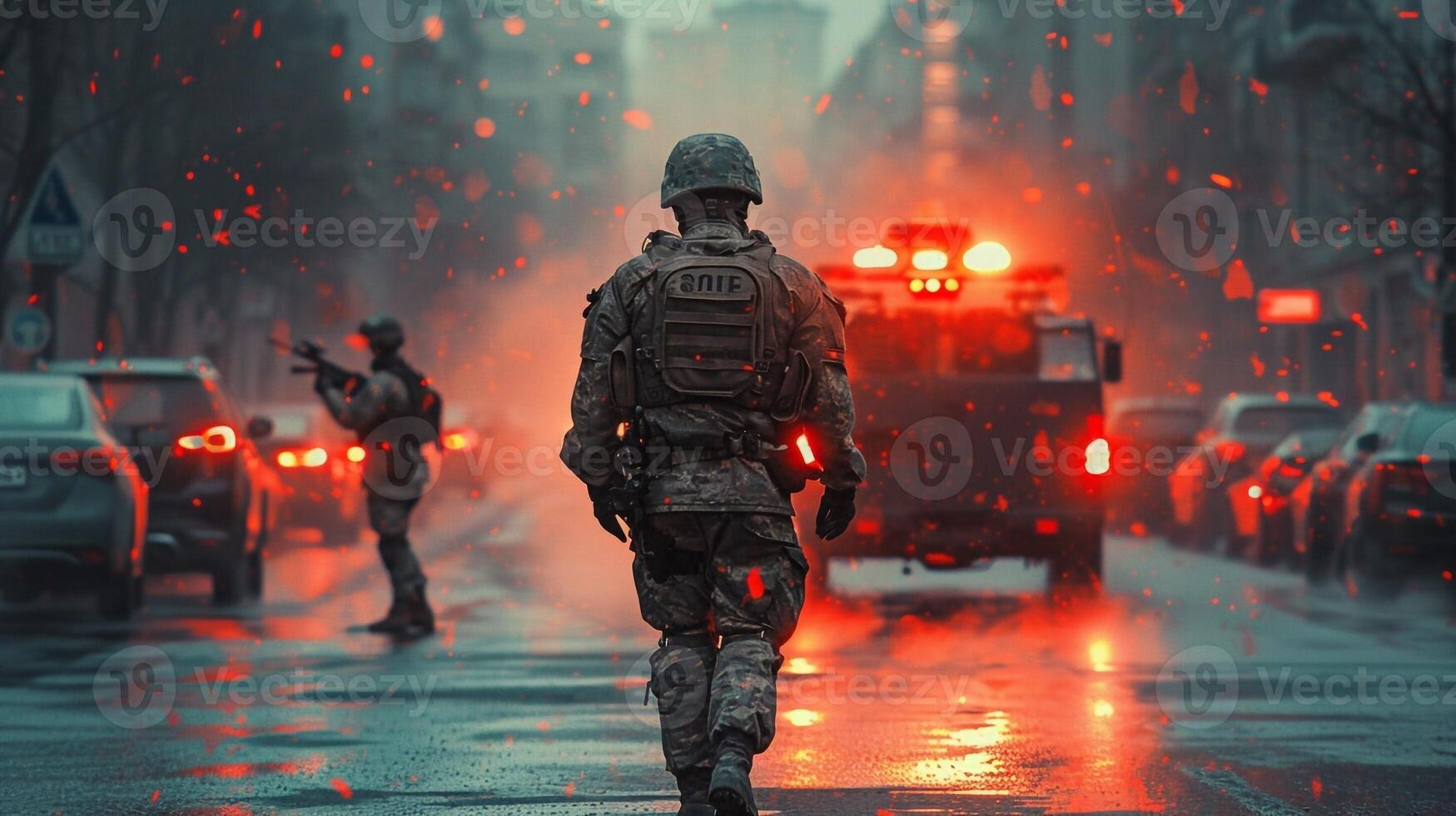 3D rendering of riot police during a riot photo