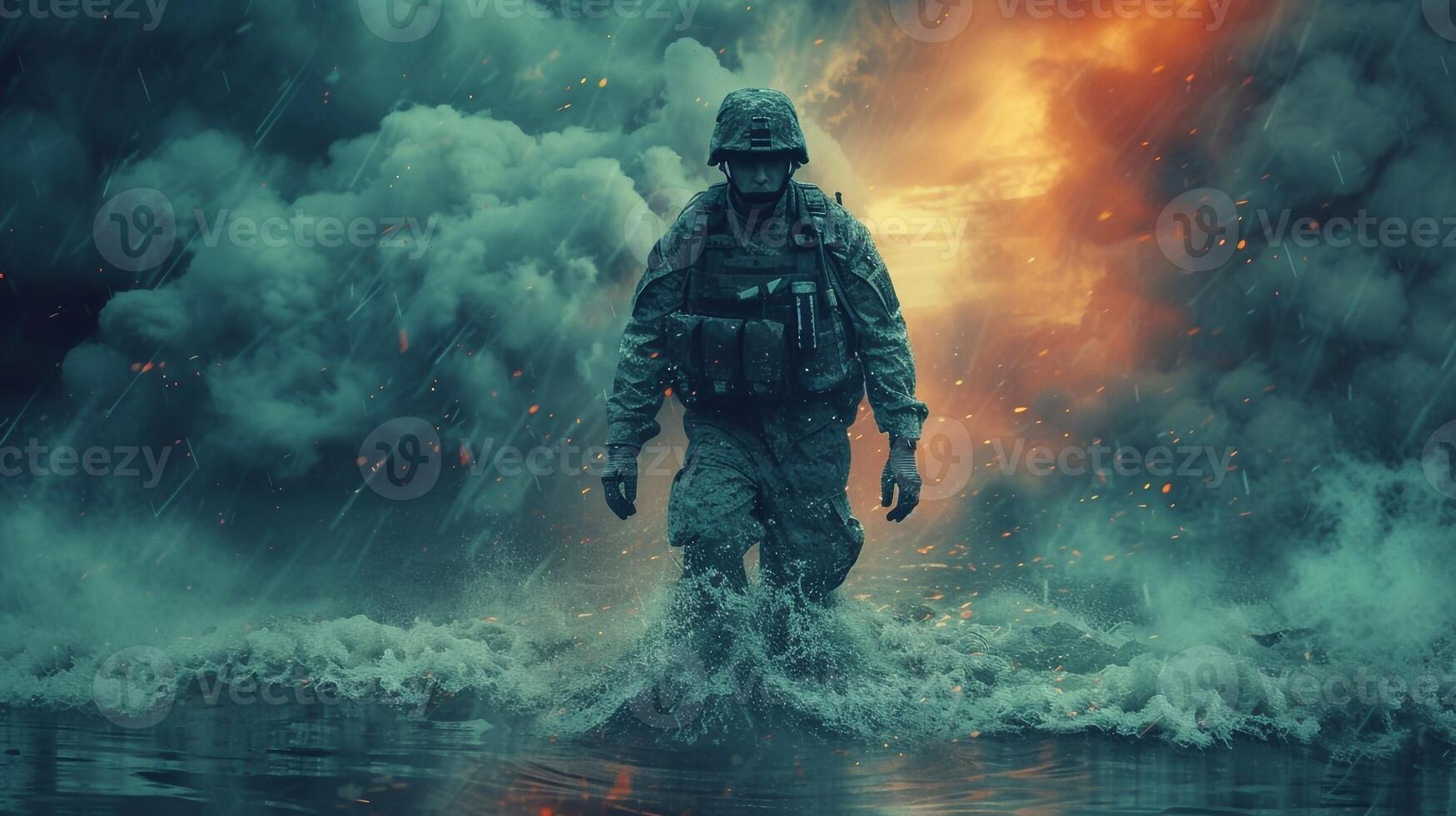 3D rendering of riot police during a riot photo