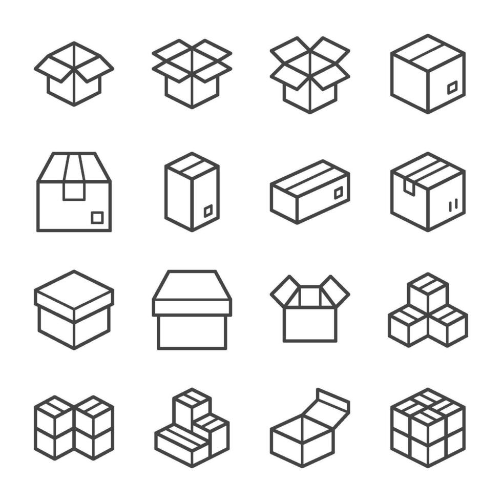 cardboard and box line icon set vector
