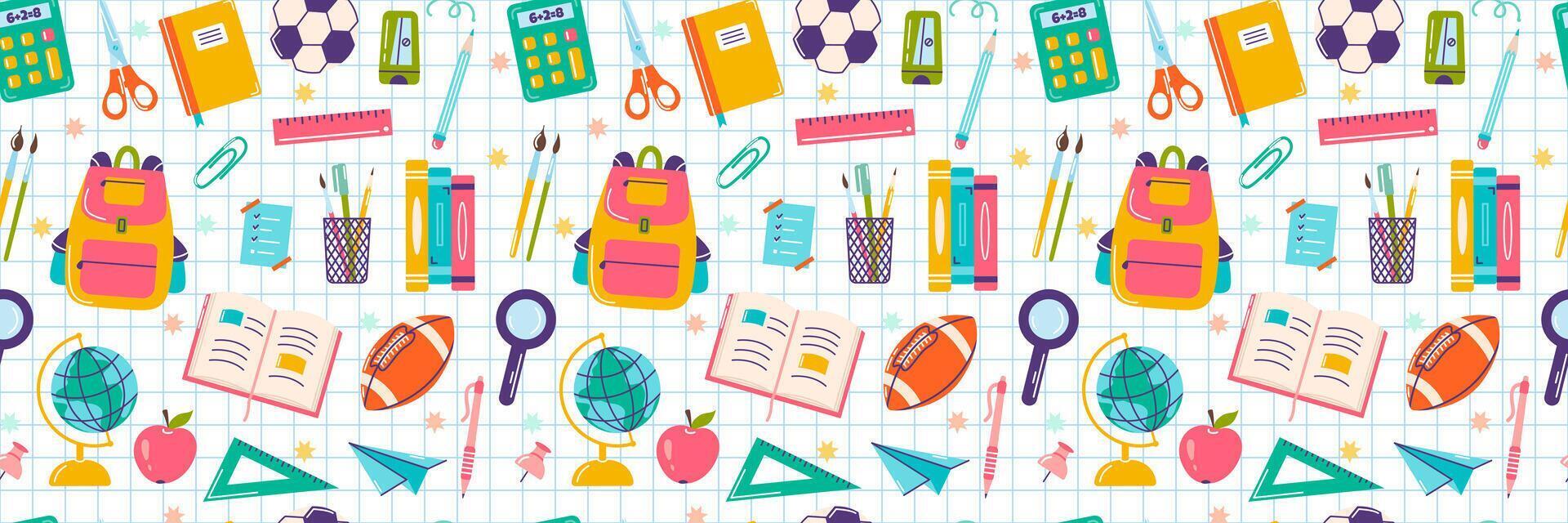 School supplies elements, seamless pattern in hand drawn style, back to school concept vector