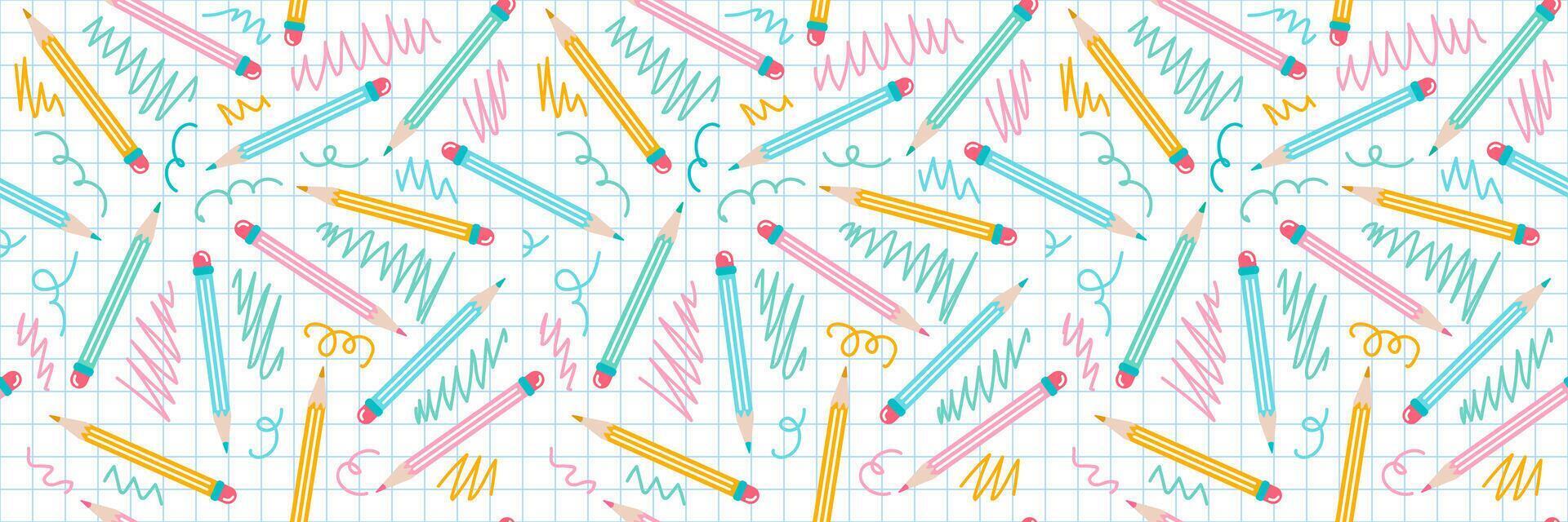 Multicolored pencils with an eraser on white background in cage, seamless pattern vector