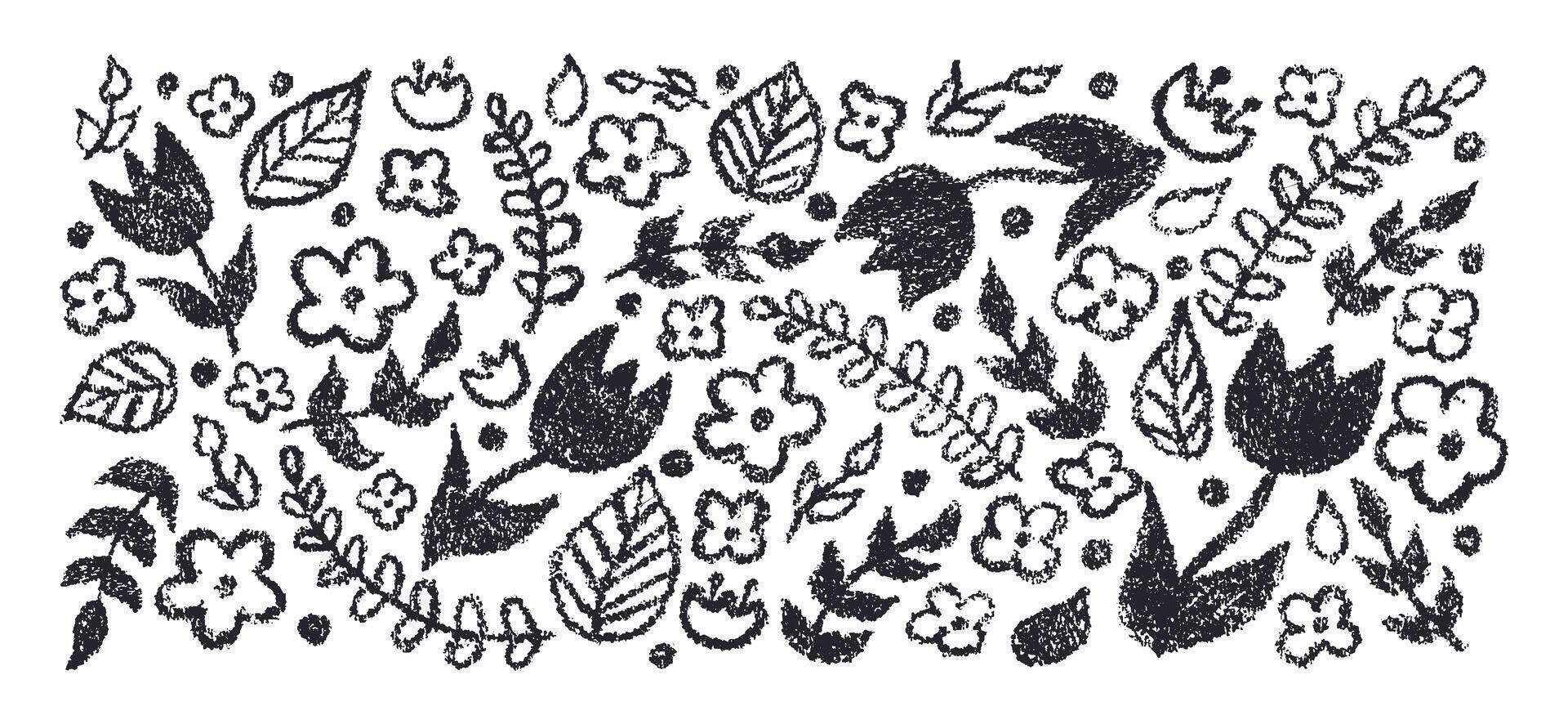 Set of hand drawn charcoal pencil doodle flowers and plants in childish style. Botanical illustration vector