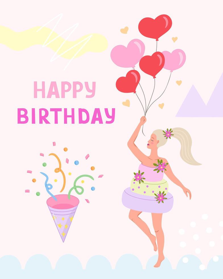 Happy birthday greeting card, woman with balloons. Illustration for printing, backgrounds and packaging. Image can be used for posters, stickers and textile. Isolated on white background. vector