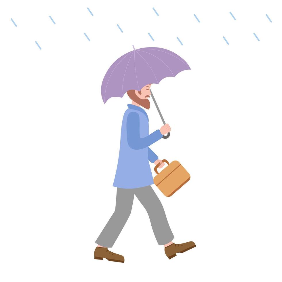 man with umbrella under rain. Illustration for printing, backgrounds, covers and packaging. Image can be used for greeting cards, posters, stickers and textile. Isolated on white background. vector