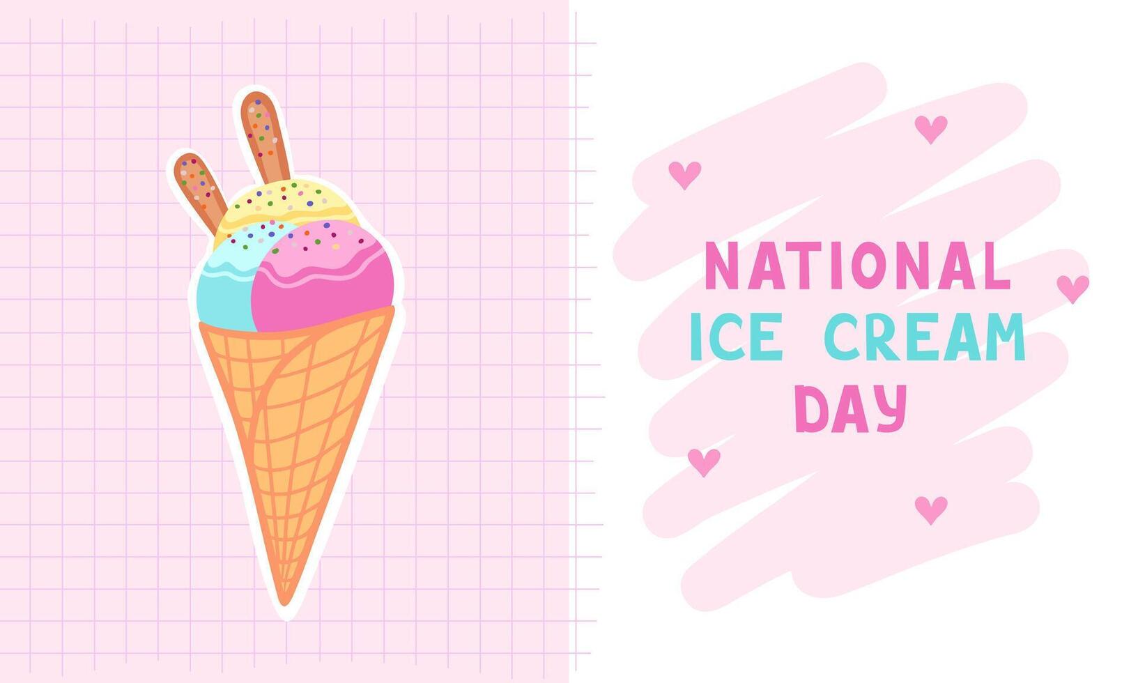 National Ice Cream Day greeting card. A waffle cone with various balls of fruit ice cream. Illustration for backgrounds, packaging, posters and stickers. Isolated on white background. vector
