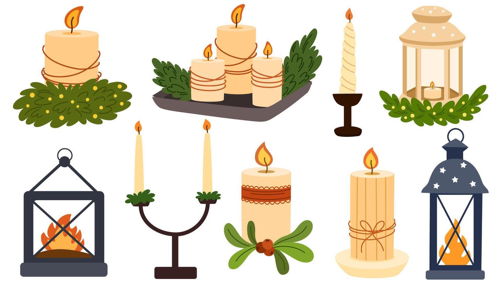 Christmas candles on candlesticks, holders, in lanterns. Xmas light decoration set. Candlelight, lamps, festive flame, holiday ornament. Flat graphic illustrations isolated on white background vector