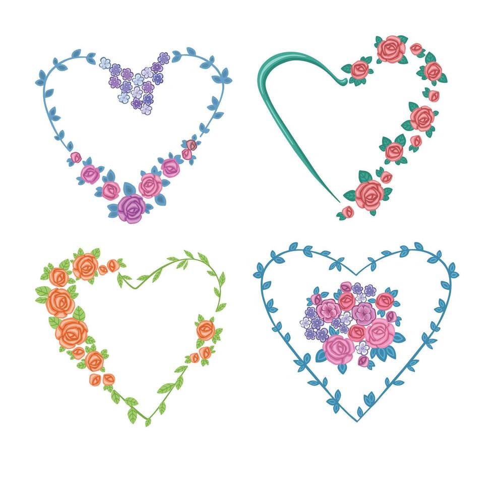 set of Heart frame from colored roses bouquets and grass. illustration vector