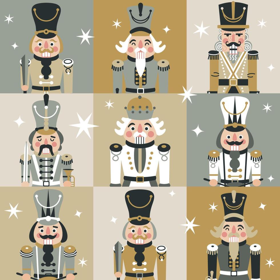Seamless Christmas Pattern with Nutcrackers portrait on a square checkered background New year illustration. vector