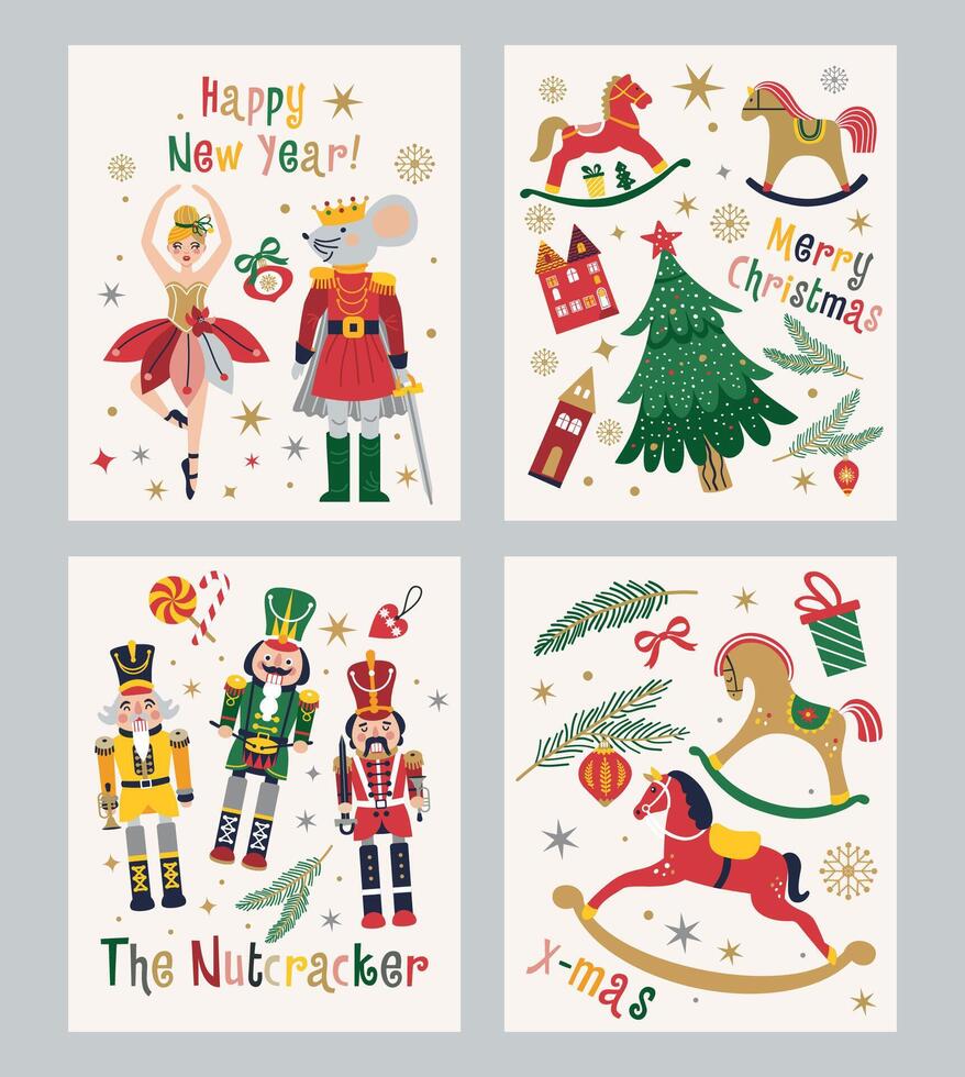 Happy New Year Nutcrackers banners set on Light Background. Postcard. Tchaikovsky Ballet. Christmas illustration. vector