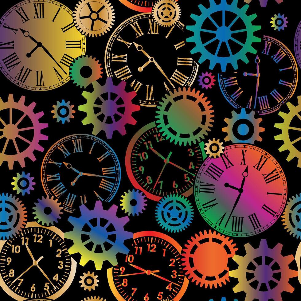 Bright gradient color metallic mechanical gears and clocks seamless pattern on black background vector