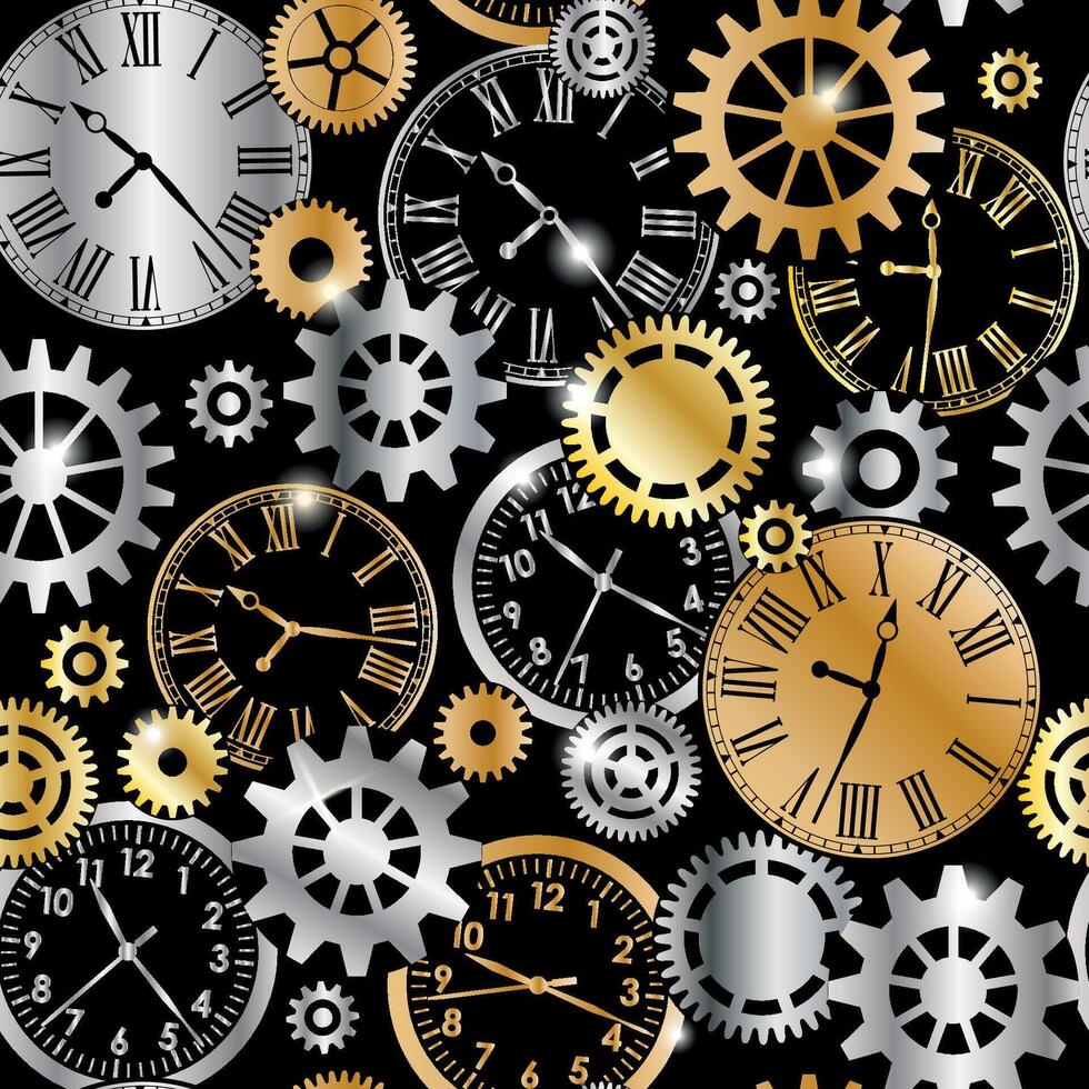 Silver and gold metallic mechanical gears and clocks seamless pattern on black background vector