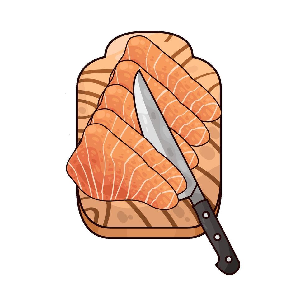 Illustration of sliced salmon on a cutting board vector