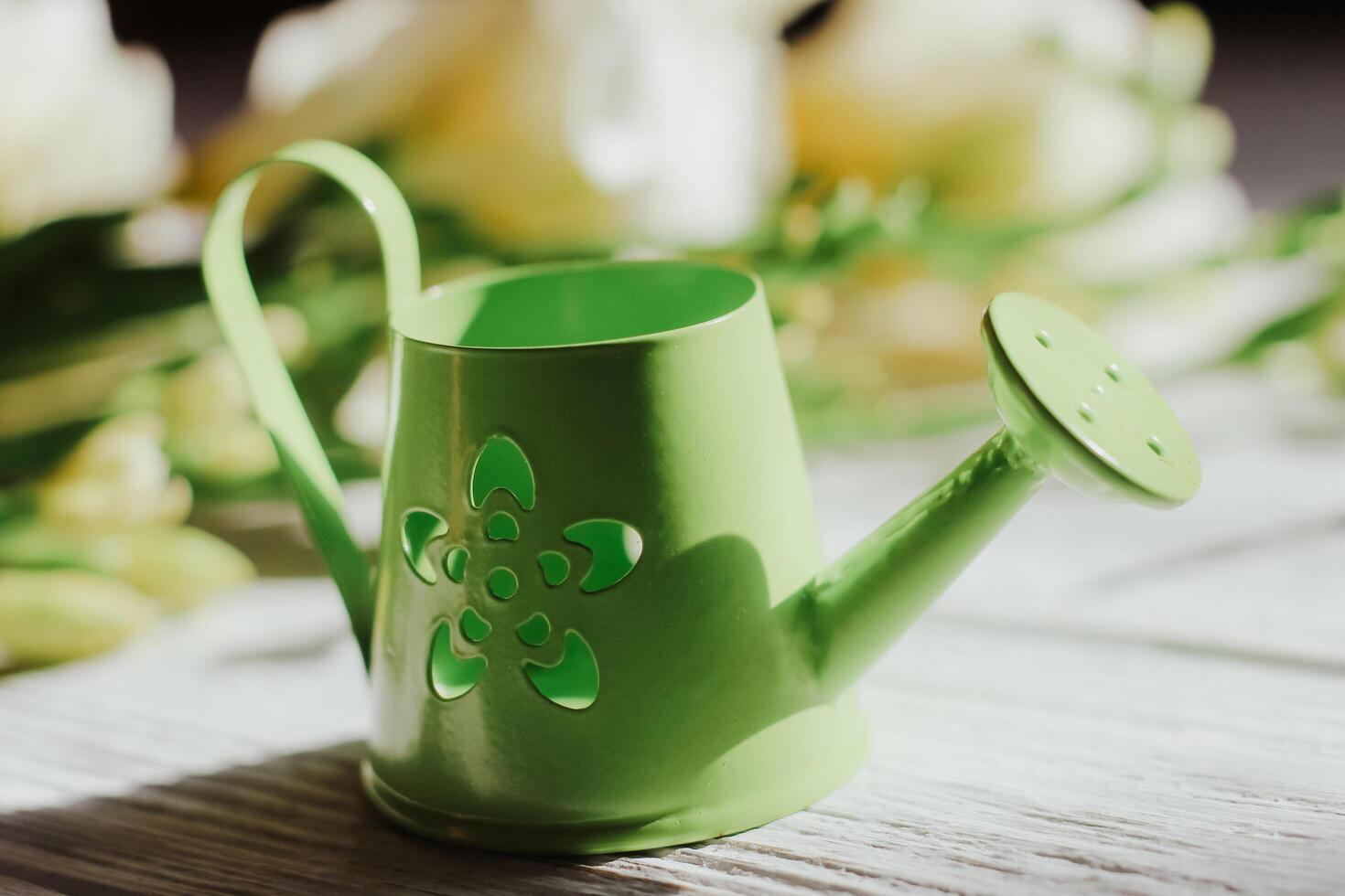 Garden watering can on the background of flowers and wooden figured boards. photo