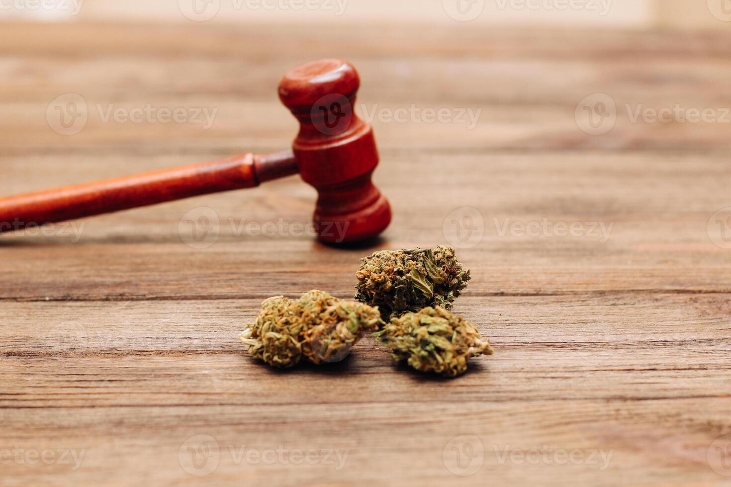 Medical marijuana, inflorescences of shinki herb plant with judge's gavel, law concept photo