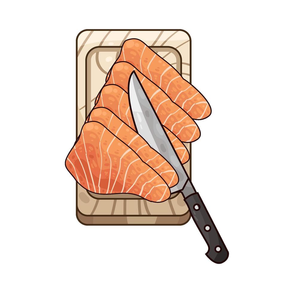 Illustration of sliced salmon on a cutting board vector