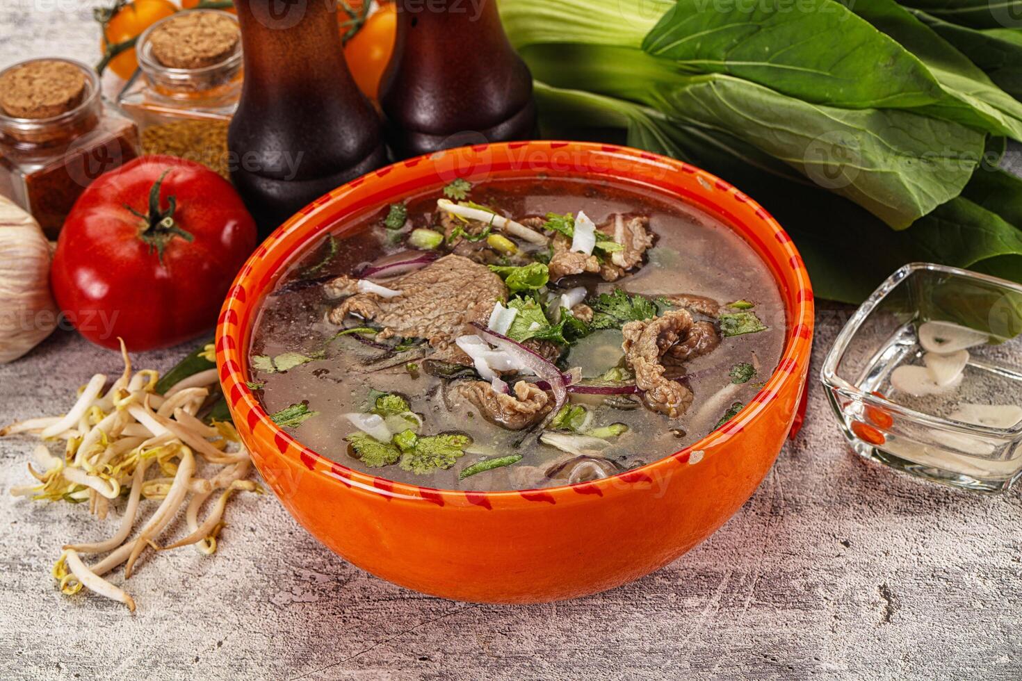 Vietnamese cuisine - Pho Bo soup with beef photo