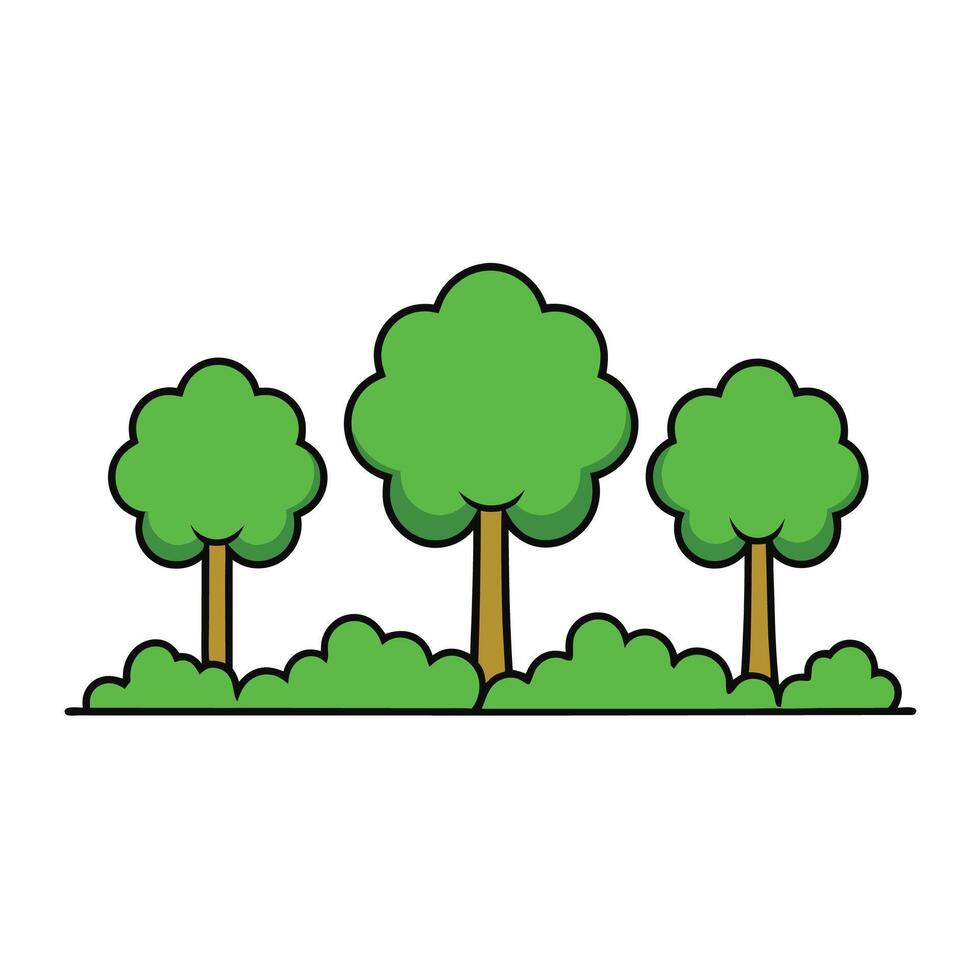 a cartoon drawing of trees and grass with a white background. vector