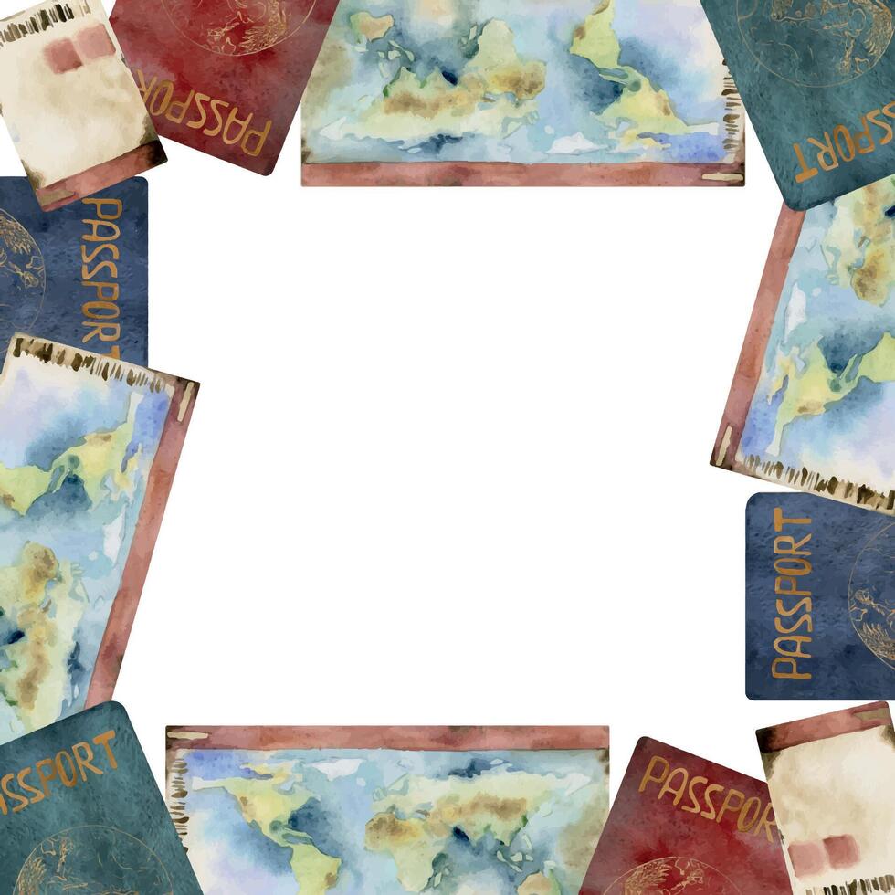 Passport id document, multinational world ticket permit pass card coupon. Watercolor hand drawn illustration. Square frame. Design for tourism, travel brochure, booklet, wedding guide, print, card. vector