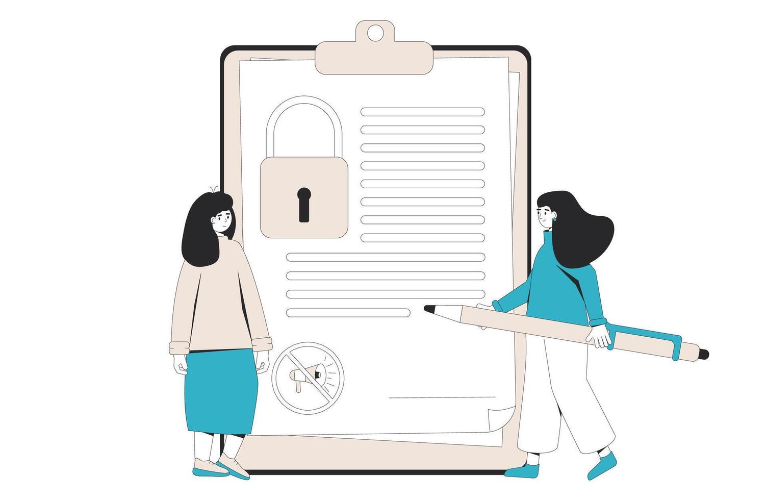 NDA concept. Non disclosure agreement. Confidentiality contract between employee and employer. Woman signing business confidentiality paper. vector
