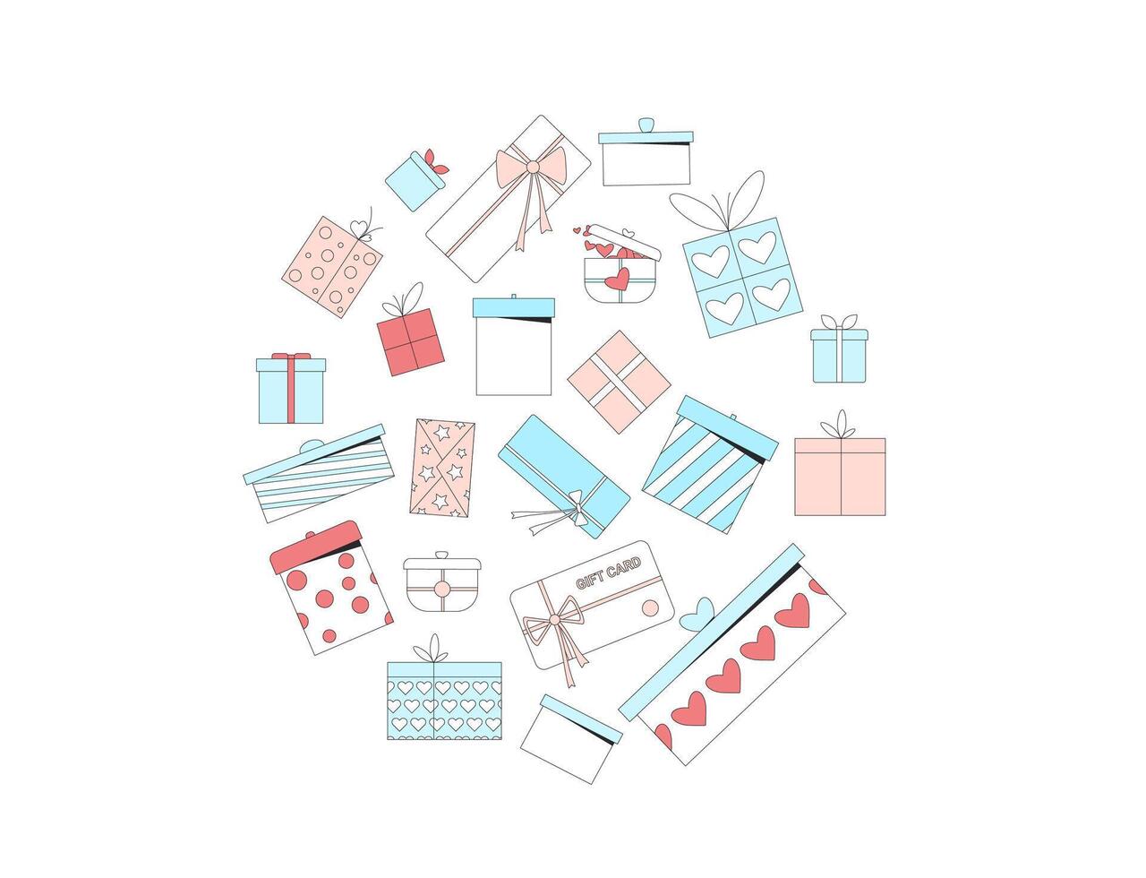 Holiday doodle circle composition. Gifts elements round emblem. Set of celebration objects. Group of presents. outline colorful illustration vector