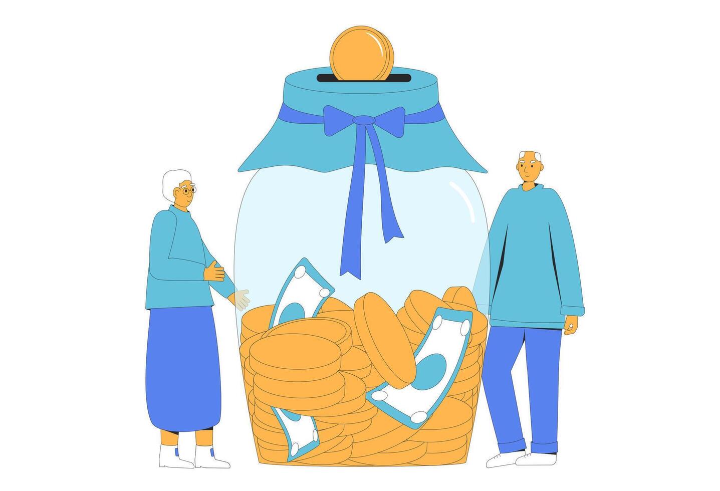 Saving for retirement happy life. Pension preparation plan. Finance for elderly people. illustration of older adult with income vector