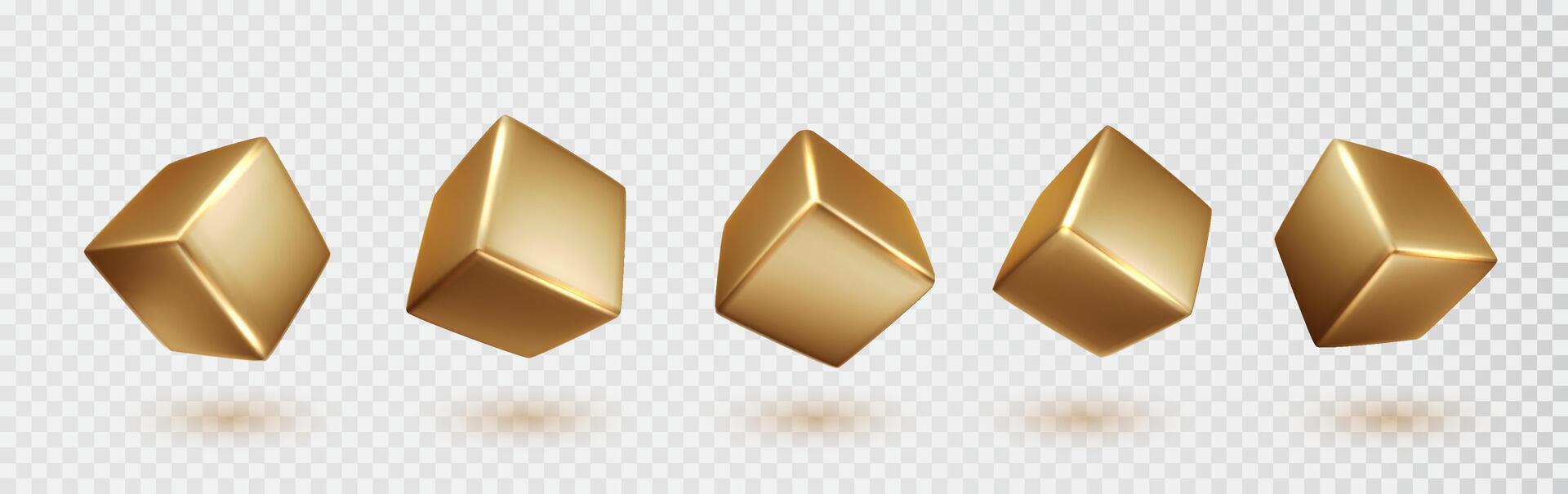 Gold cube shapes set isolated on white background. Golden glossy realistic primitives . Abstract decorative figure for trendy design. vector