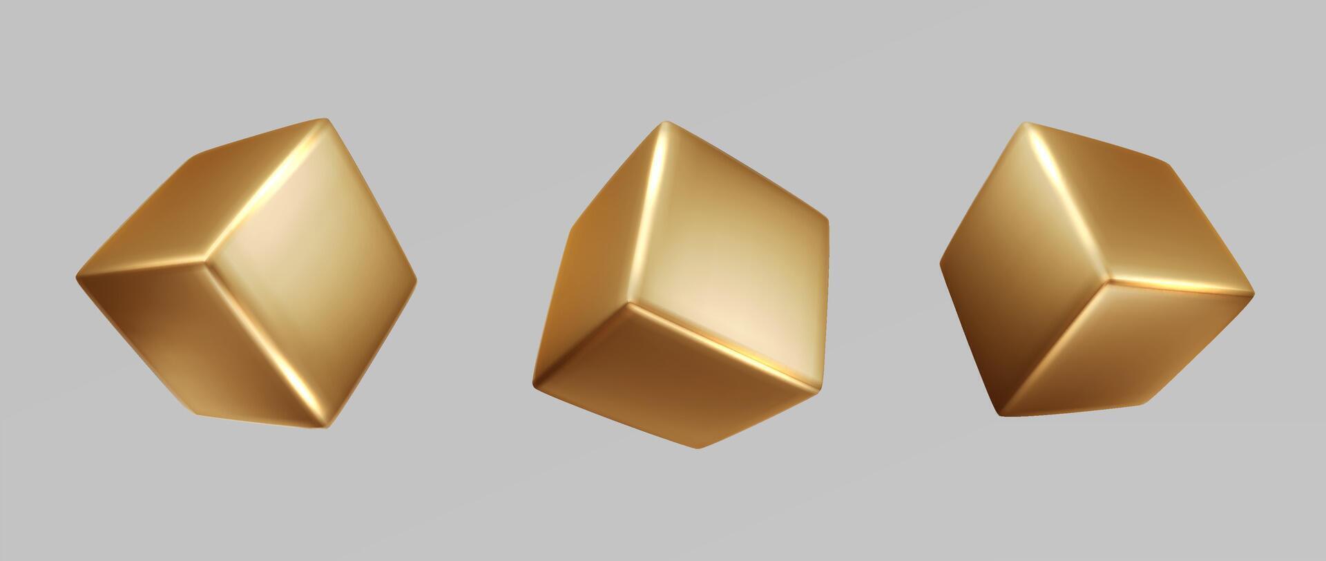 Golden cube Isolated. Realistic 3d object shapes cube and geometric block, square. Gold color element. vector