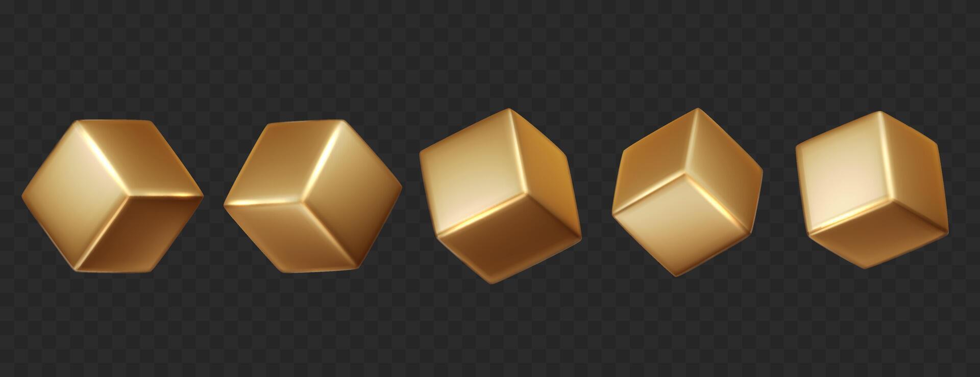 Gold 3D cubes pack isolated on dark background. Realistic geometric shapes in different light, perspective and angle vector