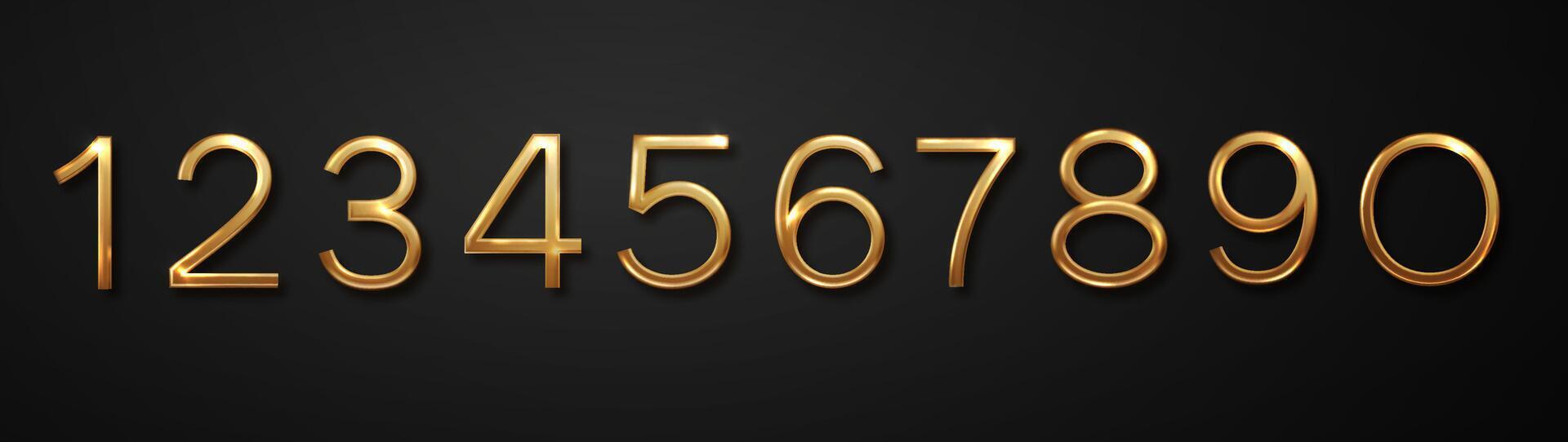 Luxurious gold number. Realistic 3d numbers from zero to nine isolated on black background. Birthday golden numbers set vector