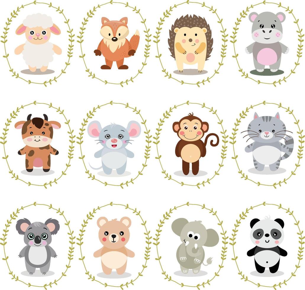 Set digital collage of cute animals inside an oval leaves border vector
