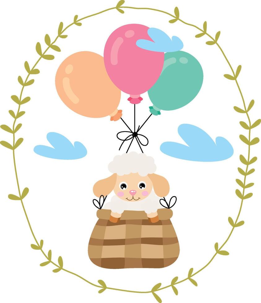 Cute sheep flying in basket with balloons inside a oval leaves border vector