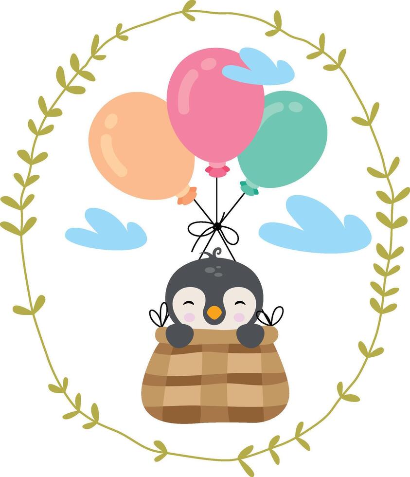 Cute penguin flying in basket with balloons inside a oval leaves border vector