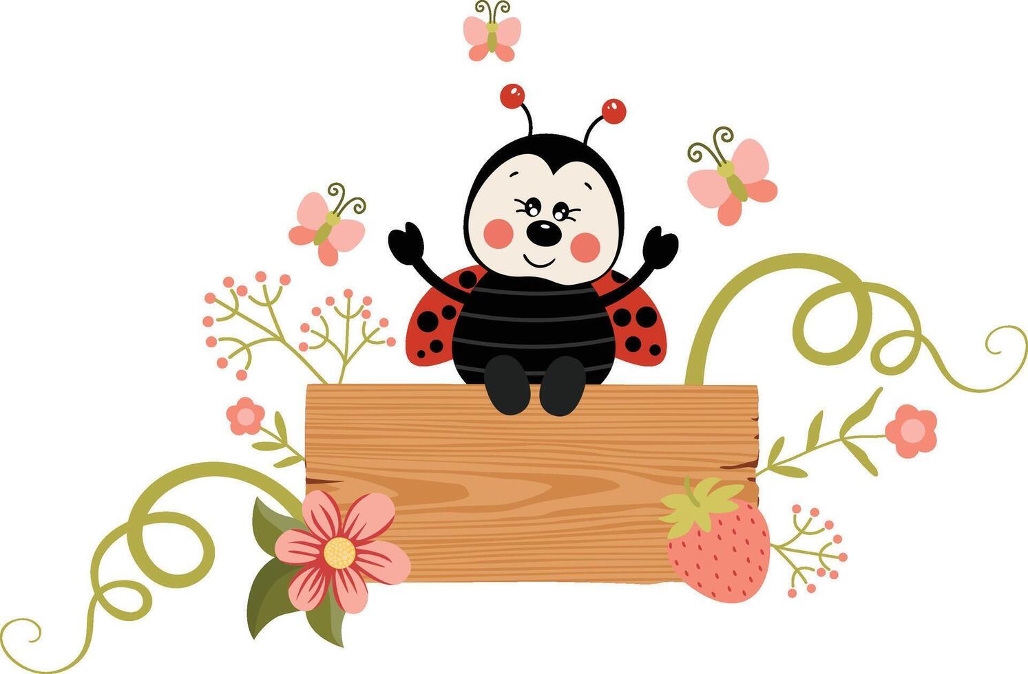 Cute ladybug sitting on a spring wooden signboard vector