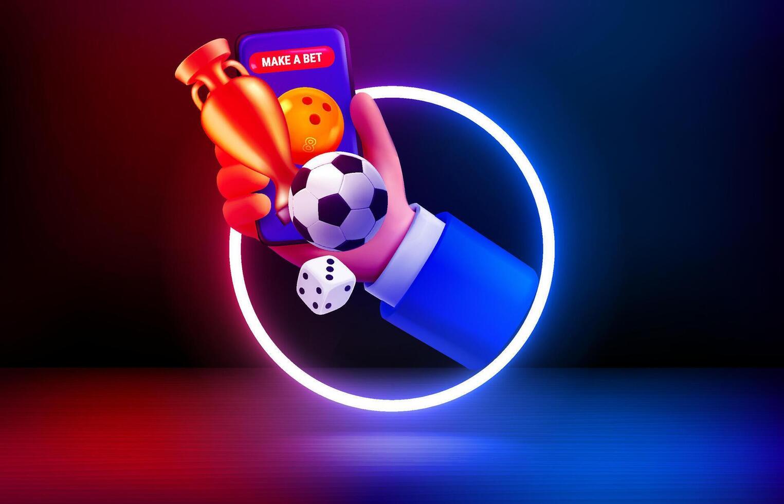 Make a bet concept. Vivid room with showcase and neon circle. 3d style illustration vector