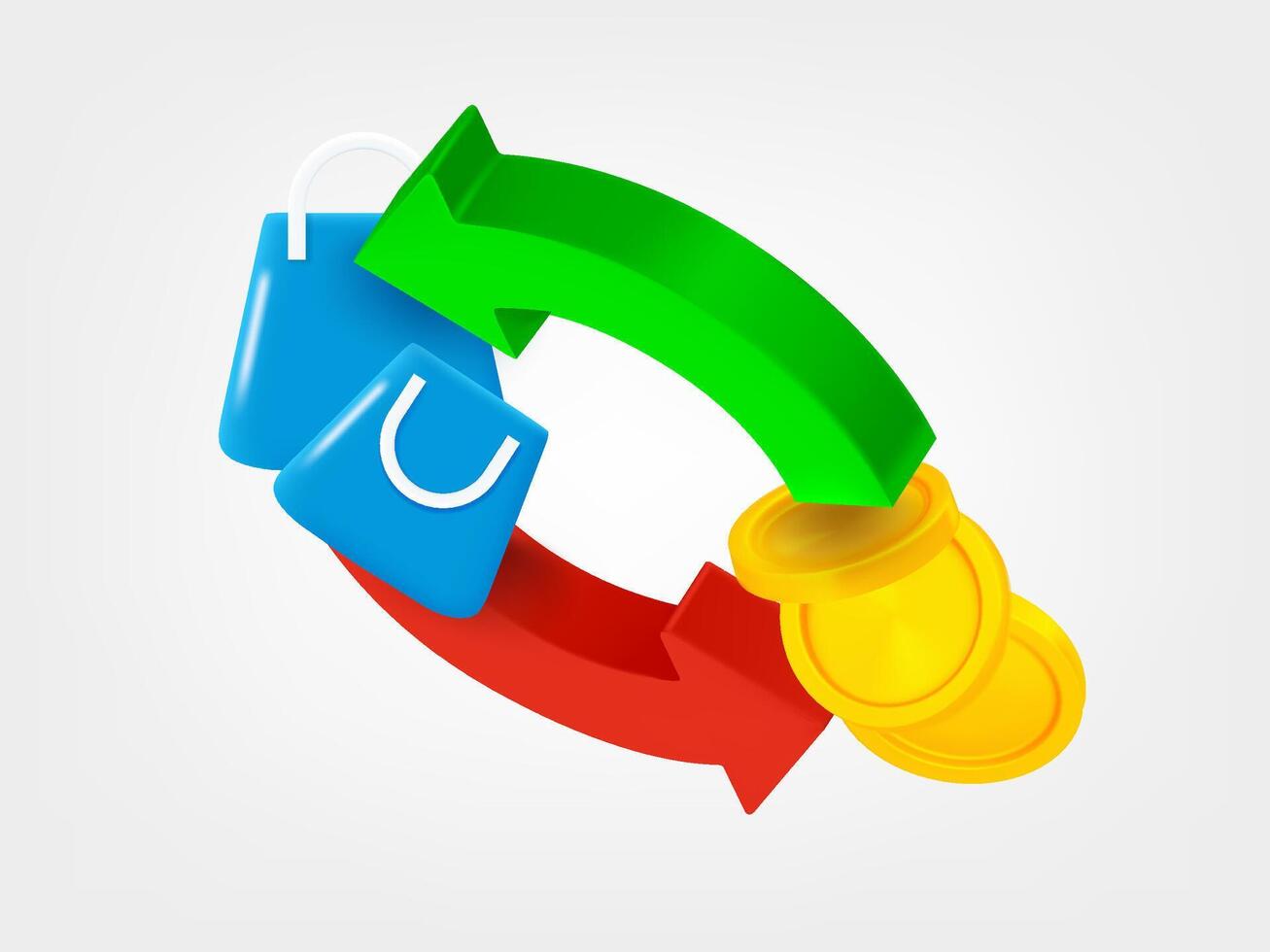 Two arrows with coins and shopping bags. 3d icons isolated on white background vector