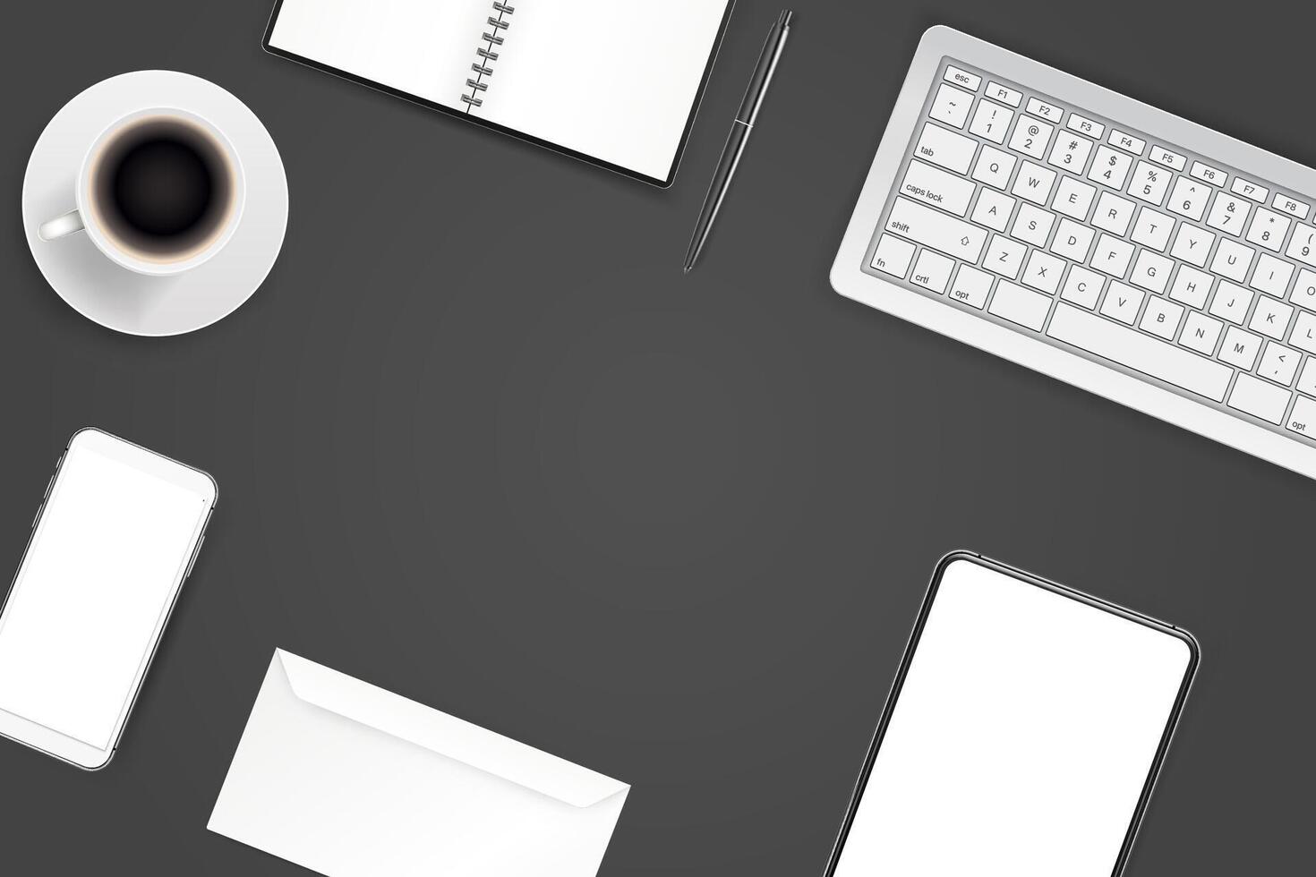 Office supplies. Different business stuff on a table with copy space. 3d background vector