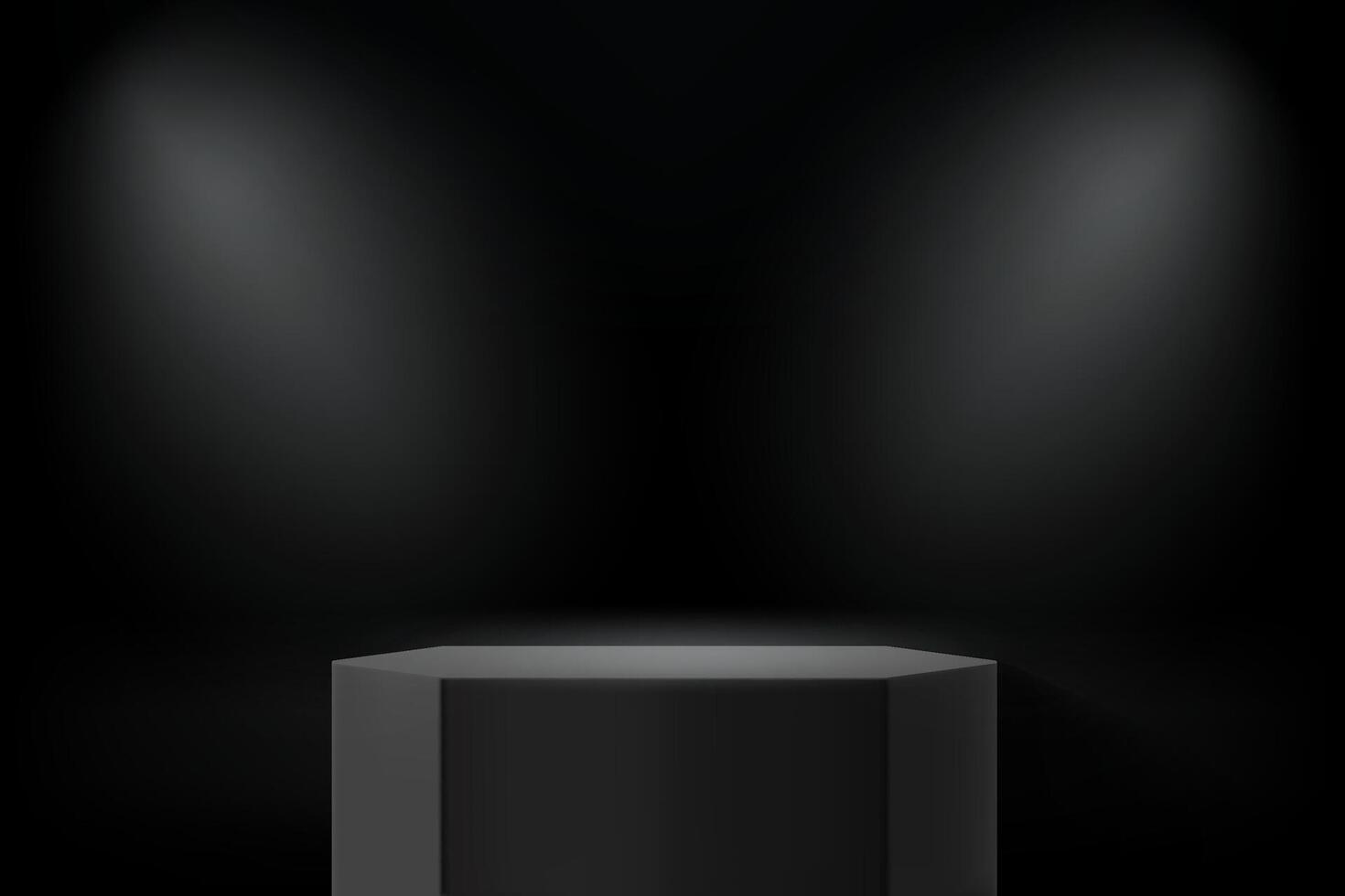Dark studio with black podium and projectors. 3d vector