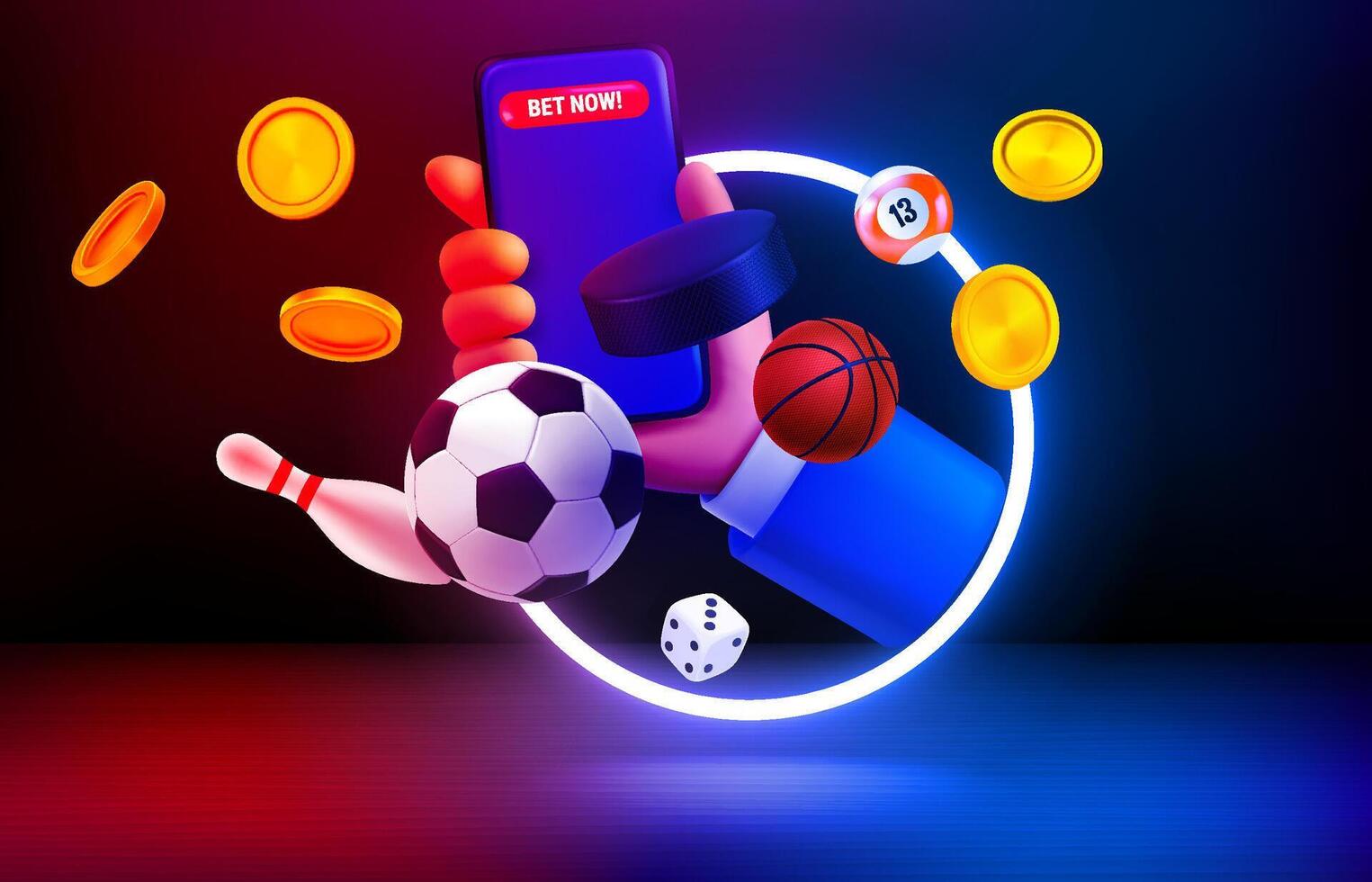 Bet now concept. Vivid room with showcase and neon circle and sport inventory vector