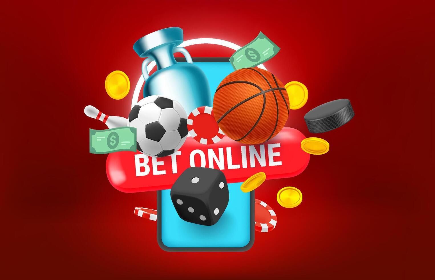 Bet online concept with sport inventory and smartphone. 3d style illustration vector