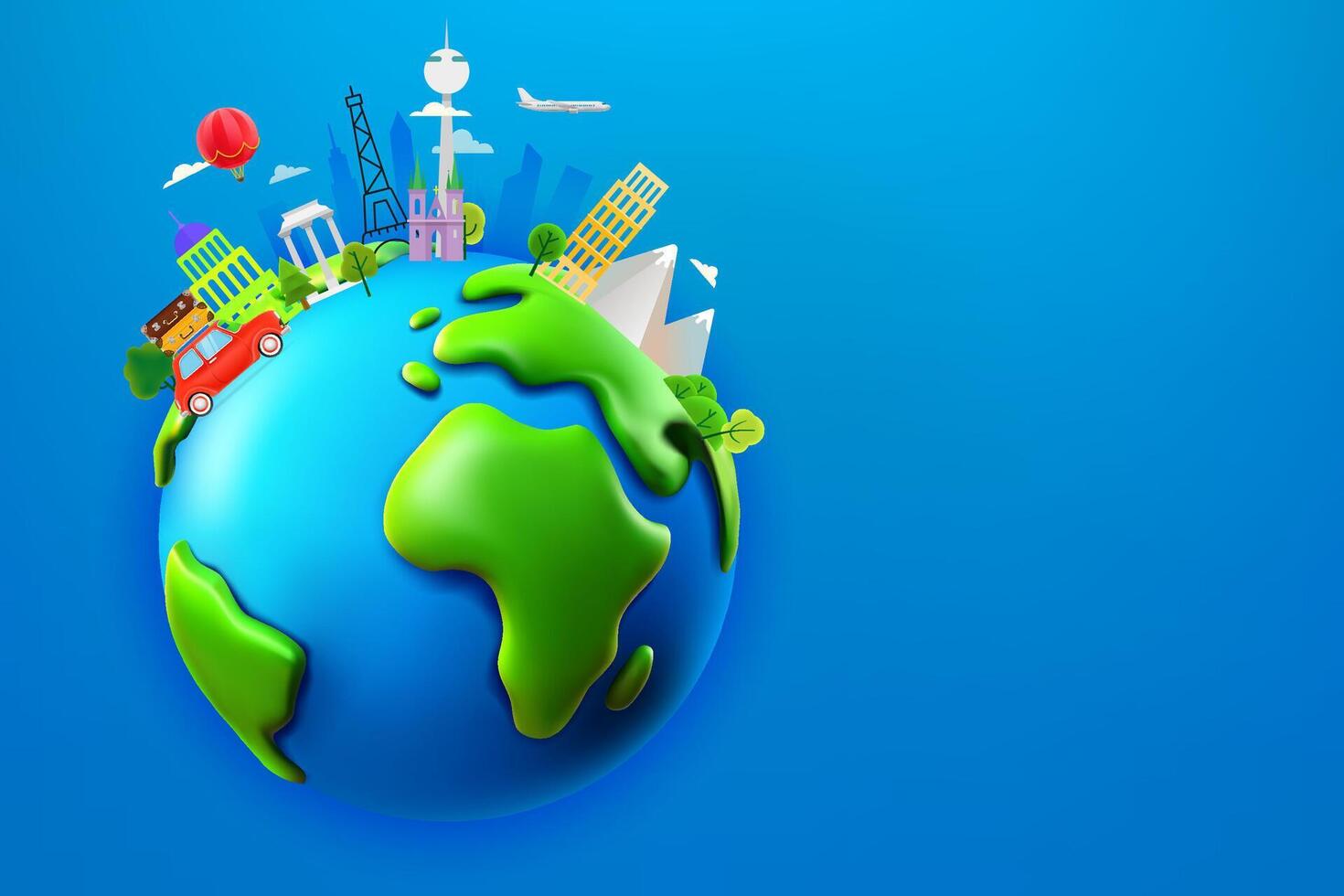 World travel concept with different world sights. 3d banner with copy space vector