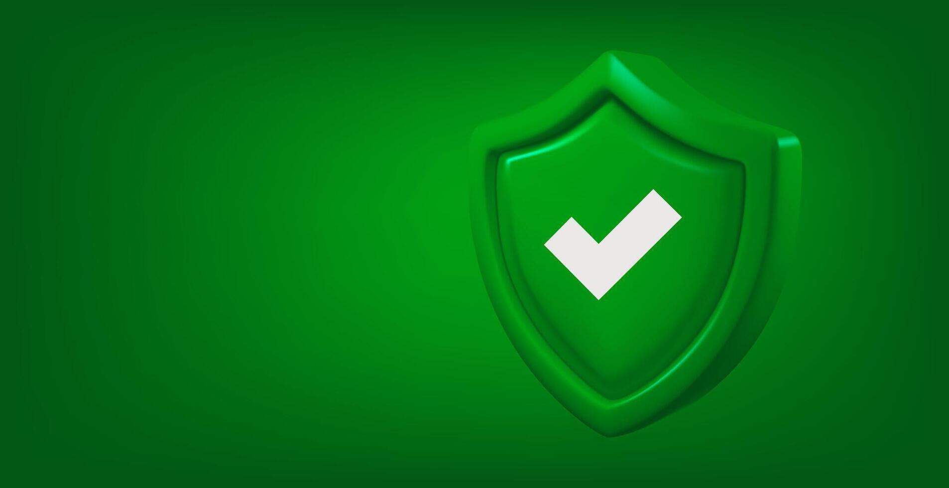 Green shield with white checkmark isolated on green background. Approved concept. 3d banner with copy space vector
