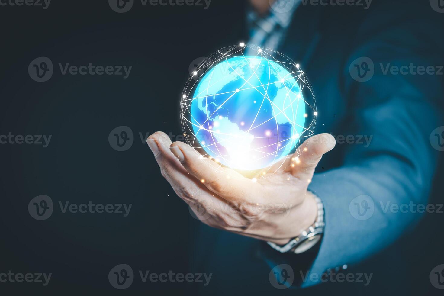 Man hands holding blue earth and global networking connection and data exchanges, global communication network concept photo