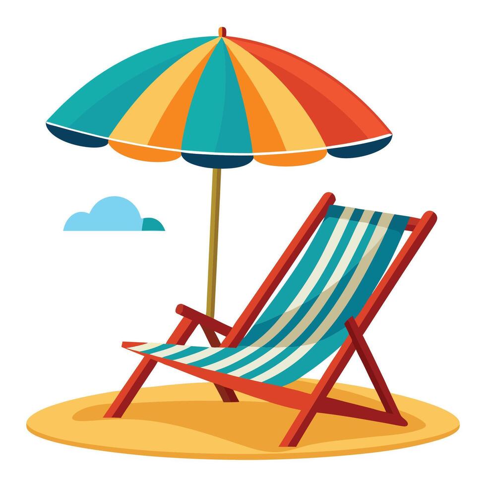Beach chair and umbrella on sea coast illustration for summer season. Relax, holiday concept vector