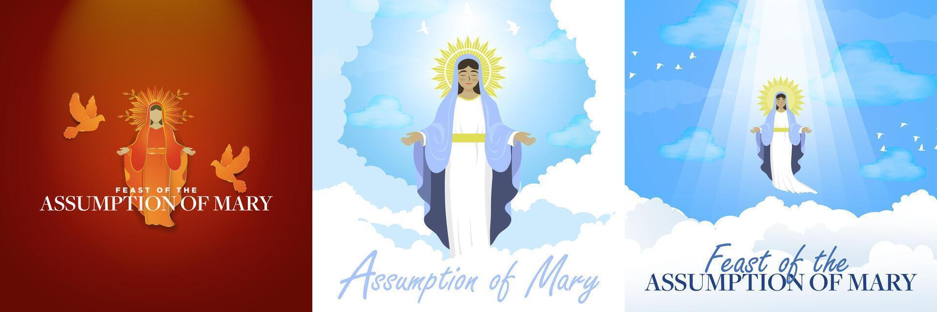 The Feast of the Assumption of the Blessed Virgin Mary Greeting Card Poster Set. Image of the blessed virgin Mary ascending into heaven on background of the blue sky. Red Gold Metal silhouette of Mary vector